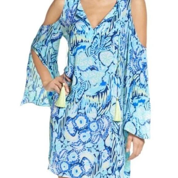 Lilly Pulitzer Benicia Open Shoulder Dress V Neck Rayon Resort Wear Beach Large - Picture 2 of 8